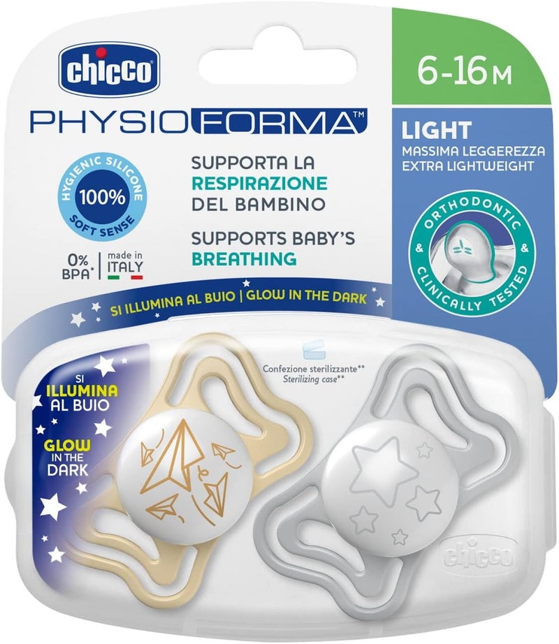 Chicco PhysioForma® Light Silicone Soother 6-16m 2Pcs, Glow/Lumi (Mixed: STARS - AIRPLANES) - Image 5